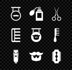 Sticker - Set Barbershop, Aftershave bottle with atomizer, Scissors hairdresser, Electrical clipper shaver, Mustache and beard, Blade razor, Hairbrush and icon. Vector