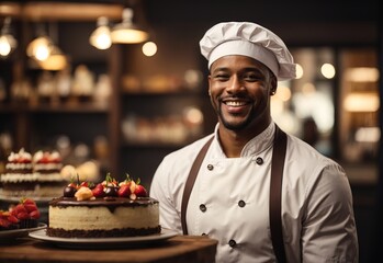 Sticker - Chef black men wearing apron and hat, cake and bread on the background