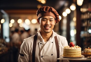 Sticker - Chef asian men wearing apron and hat, cake and bread on the background