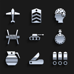 Wall Mural - Set Military tank, Swiss army knife, Bullet, Canteen water bottle, Hand grenade, Barbed wire, Army soldier and Jet fighter icon. Vector