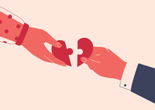 Female And Male Hands Connect Two Parts Of Heart Puzzle Together. Young Couple In Love . Family And Sympathy Concept For Valentine Day. Vector Illustration