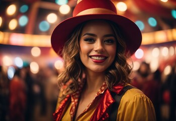 Wall Mural - Beautiful white women wearing circus suit costume and hat, circus playground on the background