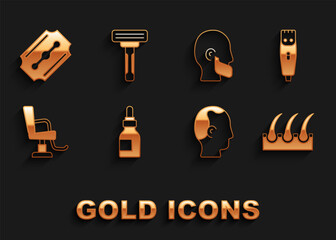 Sticker - Set Oil bottle, Hair clipper, Human hair follicle, Baldness, Barbershop chair, Mustache and beard, Blade razor and Shaving icon. Vector