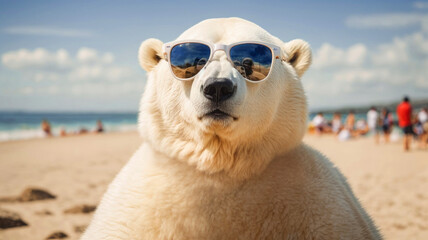 Wall Mural - polar bear in sunglasses on the beach