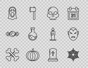 Wall Mural - Set line Crossed bones, Spider web, Skull, Pumpkin, Funny and scary ghost mask for Halloween, Bottle with potion, Tombstone cross and Vampire icon. Vector