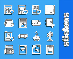 Wall Mural - Set line Clipboard with checklist, Scales of justice, Safe shield, Smartphone insurance, Delete file document, Wallet and money, Shopping building and Money icon. Vector