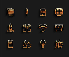 Fototapete - Set line Clipboard with document, Pills in blister pack, Light bulb concept of idea, Bacteria, Rubber gloves, Electrical measuring instruments and Radioactive icon. Vector