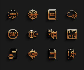 Poster - Set line File document, Processor, Internet of things, SSD card, Smartphone, mobile phone, Global technology social network, and Gamepad icon. Vector