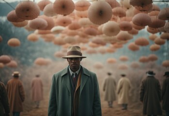 Wall Mural - Fashion men wearing hat and coat, diffused colors adding to the surreal atmosphere