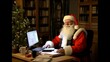 Portrait of Santa claus working from home on pc at his desk, answering messages with a smile, surrounded with books, or at his office near a christmas tree, baubles and fairy lights lit in the night