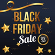 © Vishal Mathur - Black Friday Sale In Black and Blue background And Golden Star Design With Discount Up to 5% off. Massive Discount. Vector illustration. Special Day. Shop Now.