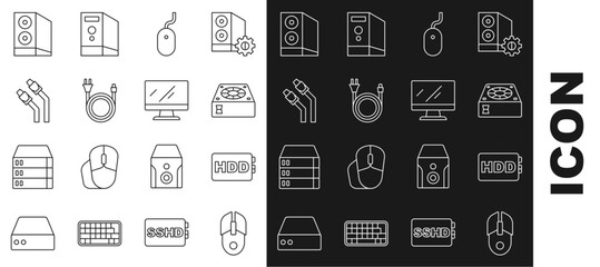 Poster - Set line Computer mouse, Hard disk drive HDD, cooler, Electric plug, LAN cable network internet, Case of computer and monitor screen icon. Vector