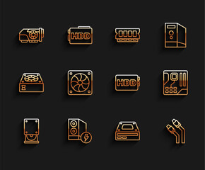 Poster - Set line Optical disc drive, Case of computer, Video graphic card, LAN cable network internet, Computer cooler, Motherboard digital chip and Hard disk HDD icon. Vector