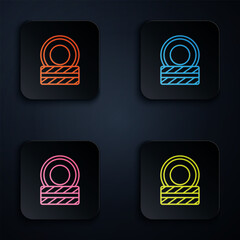 Sticker - Color neon line Car tire wheel icon isolated on black background. Set icons in square buttons. Vector