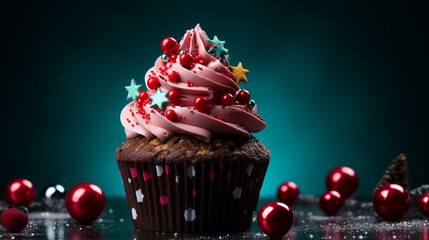 Wall Mural - Different delicious Christmas cupcakes on holiday background