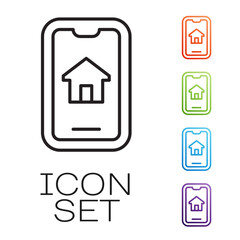 Sticker - Black line Online real estate house on smartphone icon isolated on white background. Home loan concept, rent, buy, buying a property. Set icons colorful. Vector