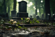 Wilted Flowers On An Old Grave Against The Backdrop Of A Blurry Cemetery