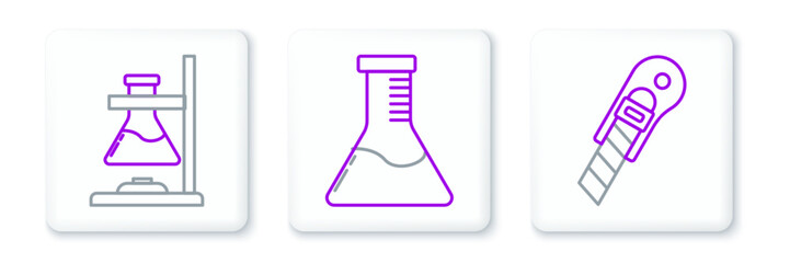 Poster - Set line Stationery knife, Glass test tube flask fire and Test and chemical laboratory icon. Vector