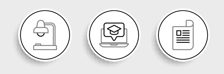 Poster - Set line Document, Table lamp and Graduation cap on screen laptop icon. Vector