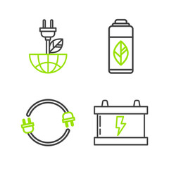 Poster - set line car battery, electric plug, recycling plastic bottle and saving leaf icon. vector