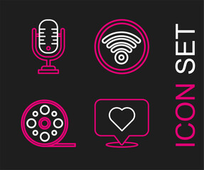 Sticker - Set line Like and heart, Film reel, Wi-Fi wireless internet network and Microphone icon. Vector