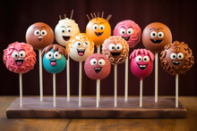 Colored Cake Pops With Little Faces. Candy Bar For Birthday