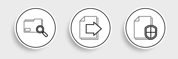 Poster - Set line Document protection concept, Search with folder and Next page arrow icon. Vector