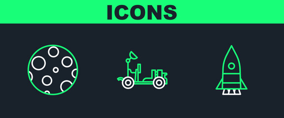 Poster - Set line Rocket ship, Moon and Mars rover icon. Vector