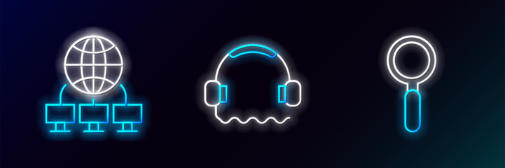 Sticker - Set line Magnifying glass, Computer network and Headphones icon. Glowing neon. Vector