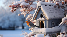 Bird box under snow during the winter