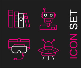 Poster - Set line UFO flying spaceship, Virtual reality glasses, Robot and Book icon. Vector