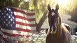 Equine with American Flag, Stars and Stripes displayed in the garden.