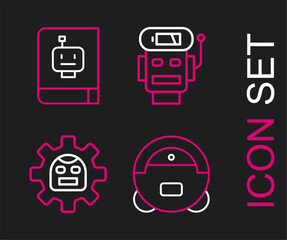 Poster - Set line Robot vacuum cleaner, low battery charge and User manual icon. Vector