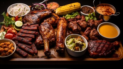 Wall Mural - an image of a barbecue sampler platter with a bit of everything, including sausage, ribs, and chicken