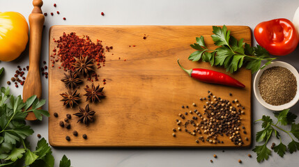 Wall Mural - Wood cutting board with linen napkin and spices with copy space, top view