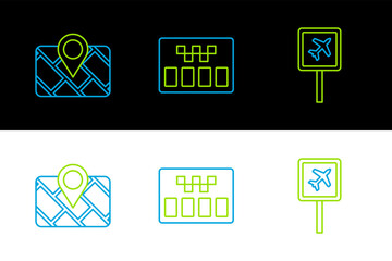 Poster - Set line Airport, Gps device with map and Taximeter icon. Vector