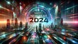 Happy New Year 2024 Background. Futuristic colorful digital circuit board with bright neon lights. and Happy New Year 2024 text, sci-fi technology background
