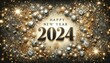 festive New Year celebration theme with the text Happy New Year 2024 surrounded by sparkling gold and silver decorations.