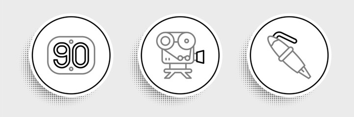 Poster - Set line Fountain pen nib, 90s Retro and cinema camera icon. Vector