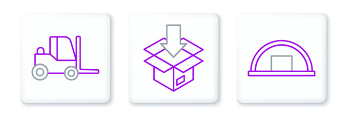 Poster - Set line Warehouse, Forklift truck and Carton cardboard box icon. Vector
