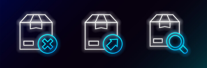 Poster - Set line Search package, Carton cardboard box and icon. Glowing neon. Vector