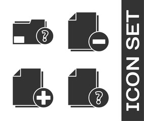 Poster - Set Unknown document, Unknown document folder, Add new file and Document with minus icon. Vector