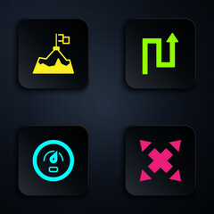 Poster - Set Many ways directional arrow, Mountains with flag, Digital speed meter and Arrow. Black square button. Vector