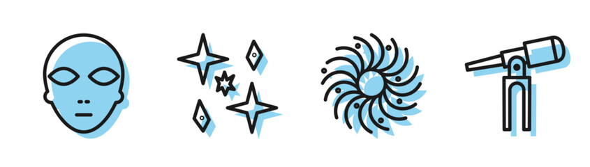 Sticker - Set line Black hole, Alien, Planet and Telescope icon. Vector