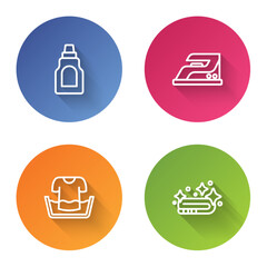 Sticker - Set line Bottle for cleaning agent, Electric iron, Basin with shirt and Towel stack. Color circle button. Vector