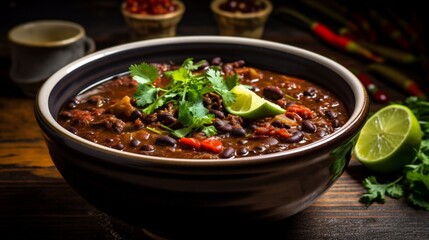 Wall Mural - an image of a bowl of spicy black bean and chorizo soup with a dash of lime