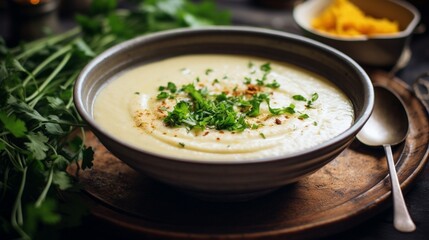 Wall Mural - an image of a bowl of creamy cauliflower and cheese soup with a drizzle of olive oil