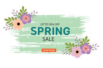  Spring sale banner with beautiful colorful flowers. For template, banners, wallpaper, flyers, invitation, posters, brochure, voucher discount. Vector illustration