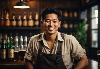 Sticker - handsome men bartender, bar and beer on the background