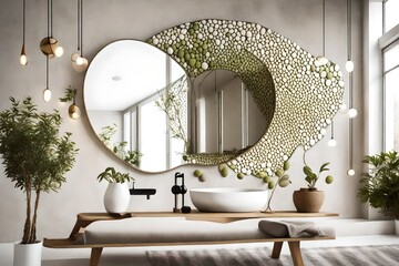 Poster - Modern mirror in the shape of pebbles hanging on the wall reflecting interior design scene, bright bathroom with olive tree